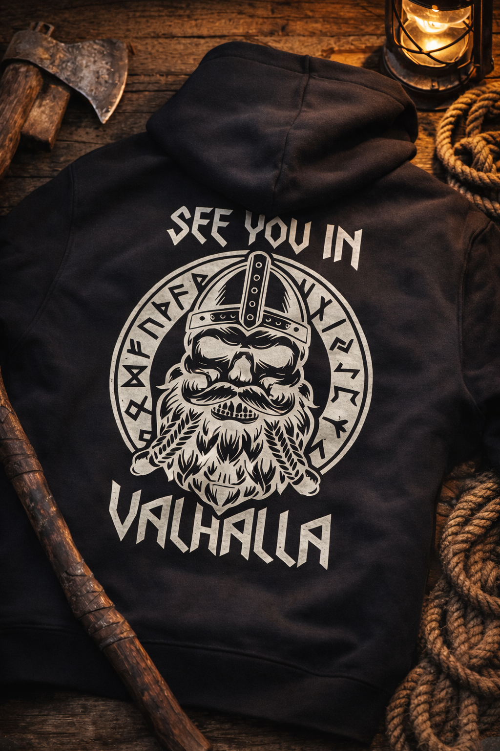 Schwarzer Zip Hoodie mit Wikinger Rückenprint "See You in Valhalla" – Viking Streetwear für Biker und Festival Fans | Laserhandmade