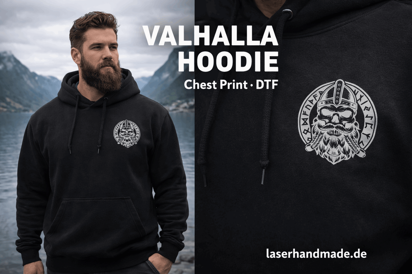 Schwarzer Zip Hoodie mit Wikinger Rückenprint "See You in Valhalla" – Viking Streetwear für Biker und Festival Fans | Laserhandmade