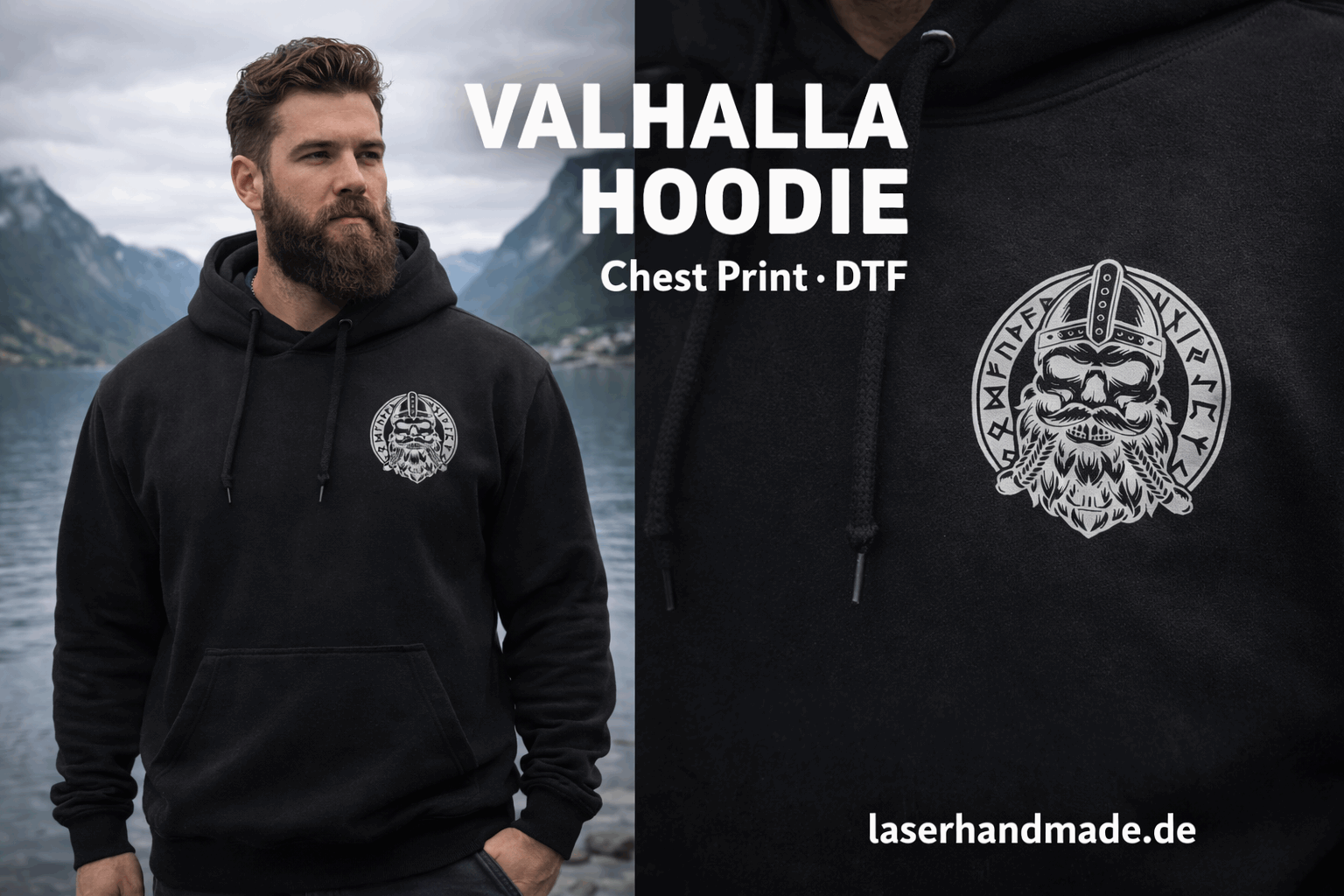 Schwarzer Zip Hoodie mit Wikinger Rückenprint "See You in Valhalla" – Viking Streetwear für Biker und Festival Fans | Laserhandmade
