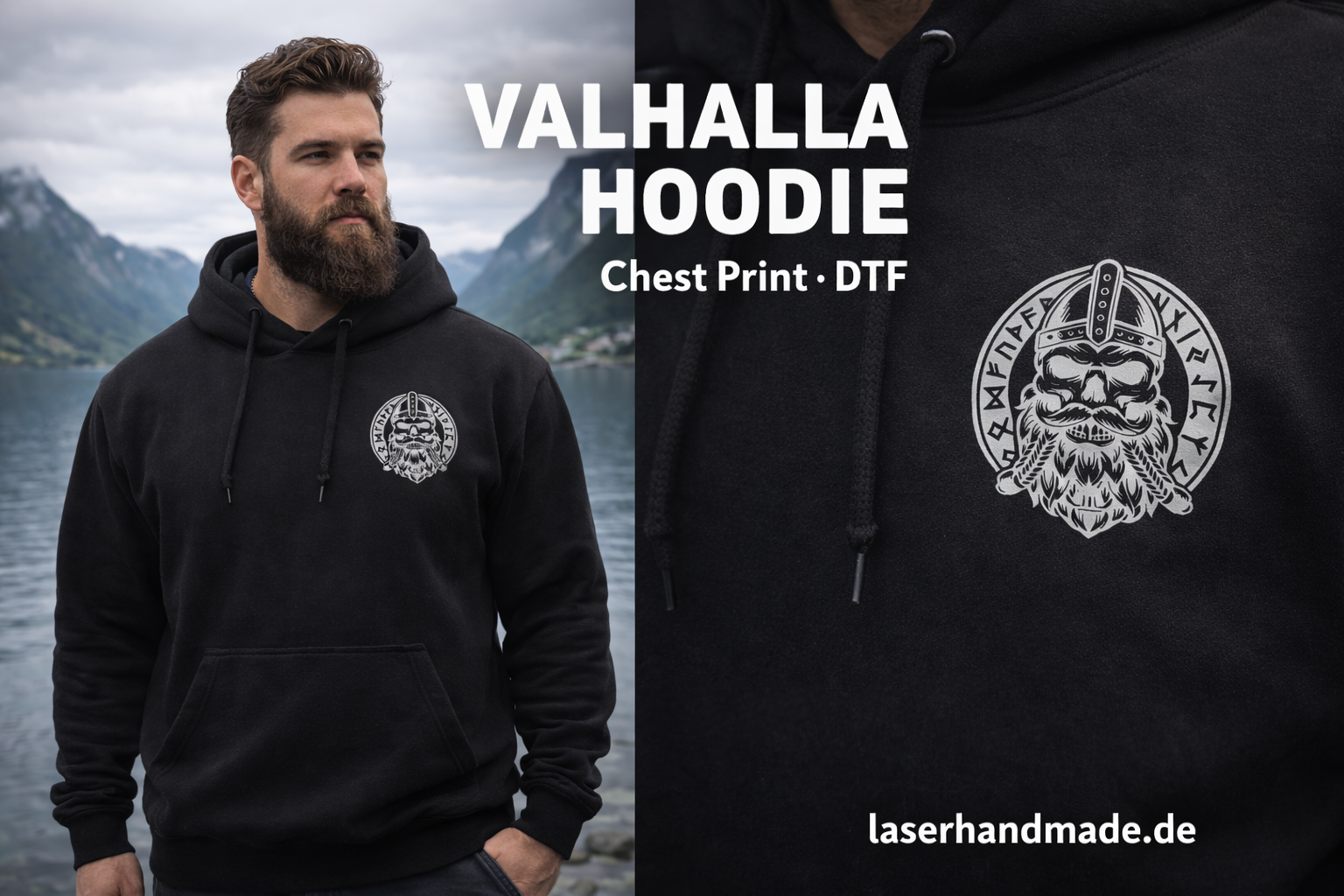 Schwarzer Zip Hoodie mit Wikinger Rückenprint "See You in Valhalla" – Viking Streetwear für Biker und Festival Fans | Laserhandmade