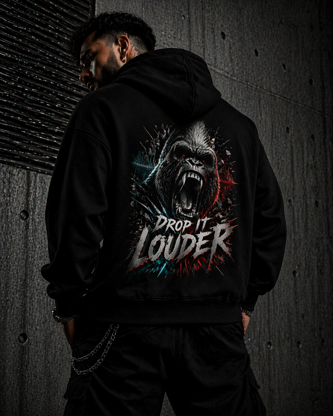 HARDDROP Gorilla Hoodie am Model Rückenansicht