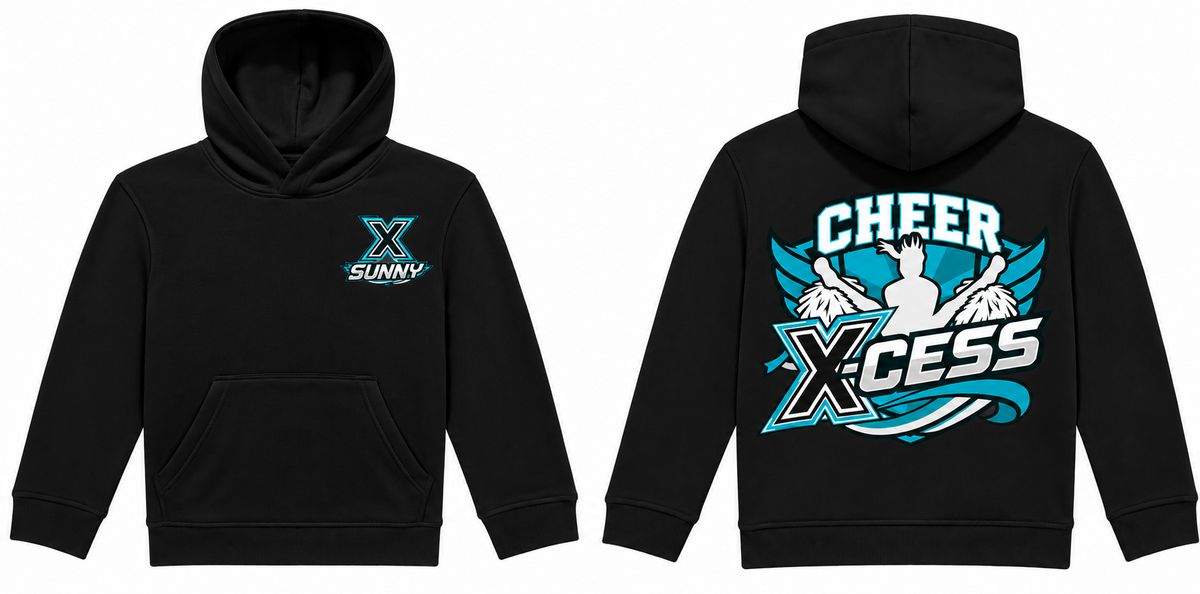 Cheer X-Cess Kinder-Hoodie Schwarz – Vorder- und Rückseite mit Beispielname