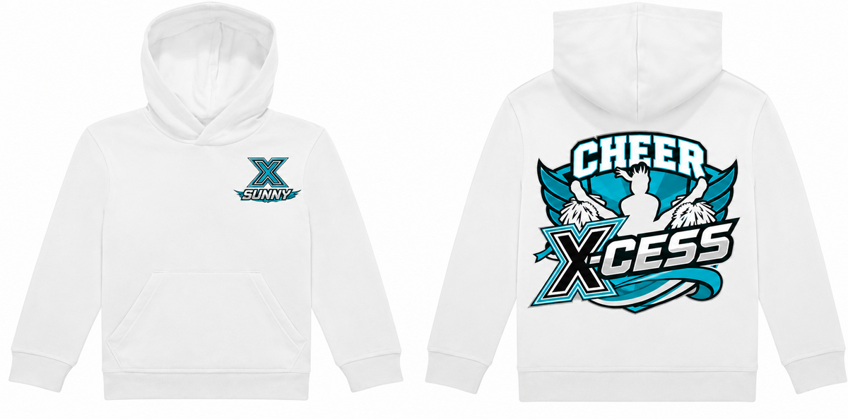 Cheer X-Cess Kinder-Hoodie Weiß – Vorder- und Rückseite mit Beispielname