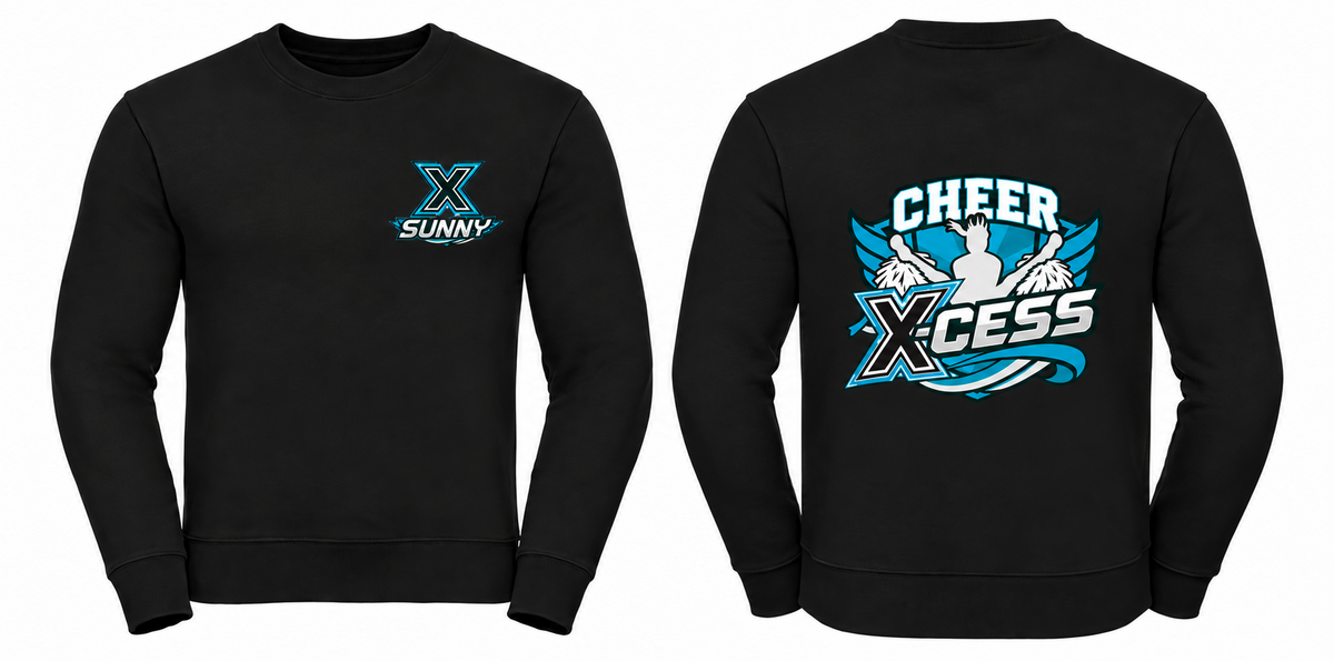 Cheer X-Cess Kinder-Sweatshirt – Schwarz – Vorder- und Rückseite mit Beispielnamen