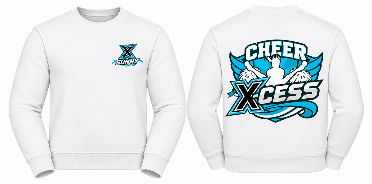 Cheer X-Cess Kinder-Sweatshirt – Weiß – Vorder- und Rückseite mit Beispielnamen