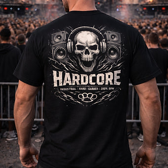 Schwarzes Herren T-Shirt mit großem Hardcore Rückenprint – Streetwear für Festivals, Clubs und Raves | Laserhandmade