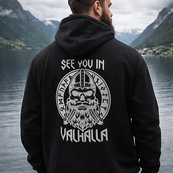Schwarzer Zip Hoodie mit Wikinger Rückenprint "See You in Valhalla" – Viking Streetwear für Biker und Festival Fans | Laserhandmade
