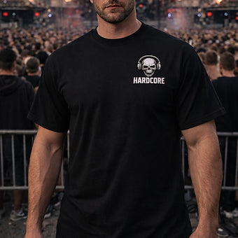 Schwarzes Herren T-Shirt mit großem Hardcore Rückenprint – Streetwear für Festivals, Clubs und Raves | Laserhandmade