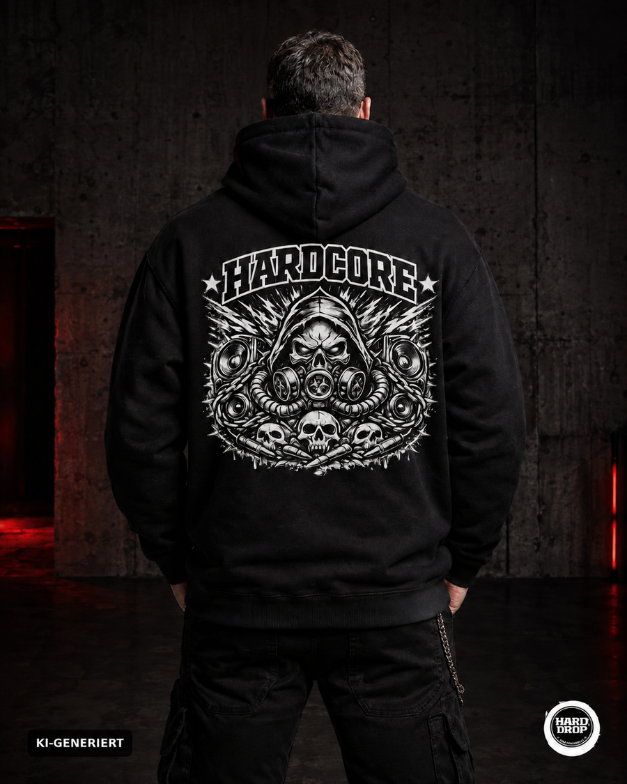 HARDDROP Hardcore Acid Hoodie – Model mit großem Hardcore Backprint