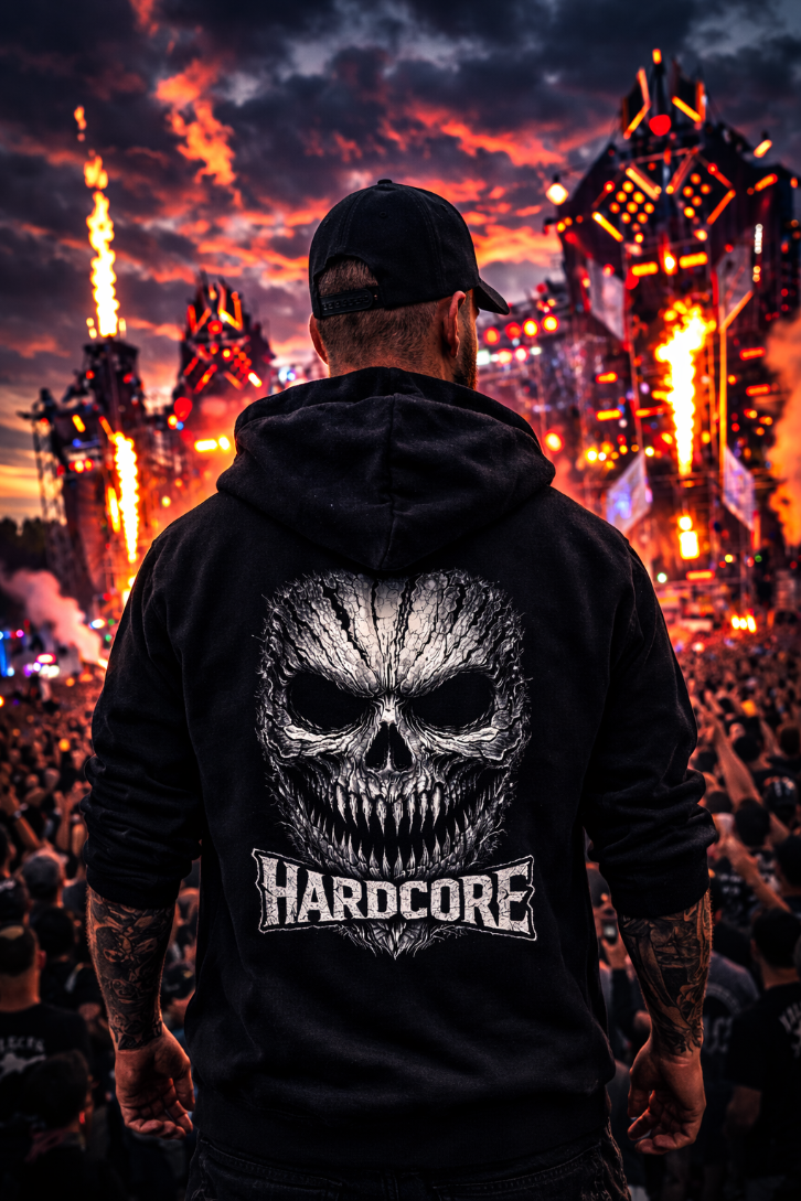 Schwarzer Hoodie mit Horror Treeface Motiv – Hardcore Streetwear DTF-Druck für Festivals, Raves und Clubs | Laserhandmade