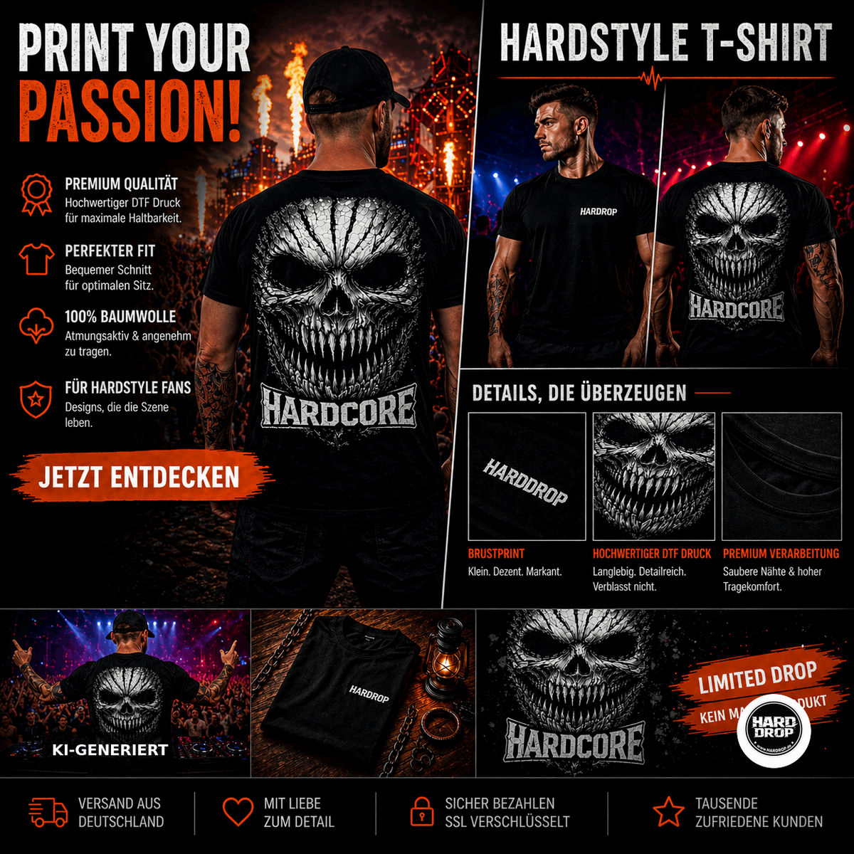 HARDDROP Hardcore Treeface T-Shirt – Festival Streetwear Produktansicht