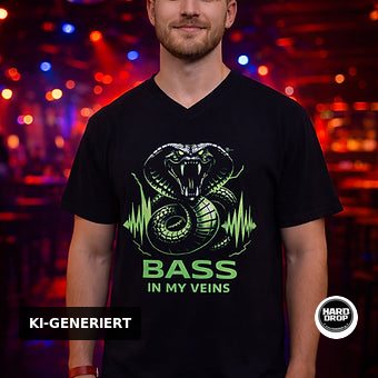 Schwarzes T-Shirt mit Cobra Motiv "Bass in my Veins" – Techno und Rave Streetwear DTF-Druck für Festivals | Laserhandmade