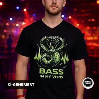 Schwarzes T-Shirt mit Cobra Motiv "Bass in my Veins" – Techno und Rave Streetwear DTF-Druck für Festivals | Laserhandmade