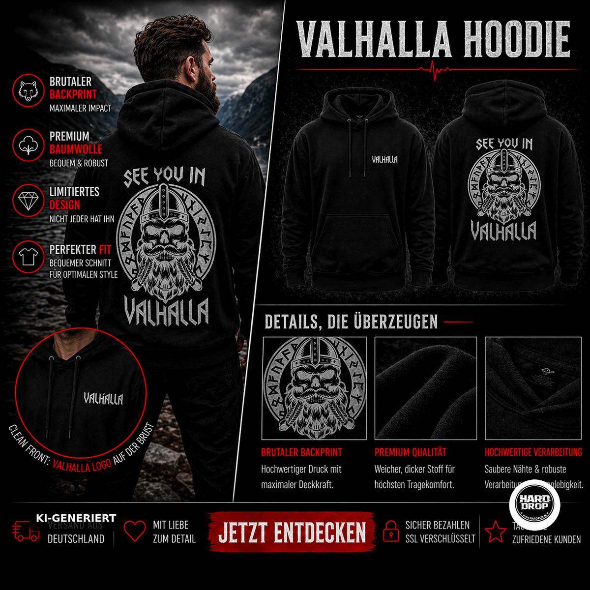 HARDDROP See You in Valhalla Zip Hoodie – Viking Streetwear Produktansicht