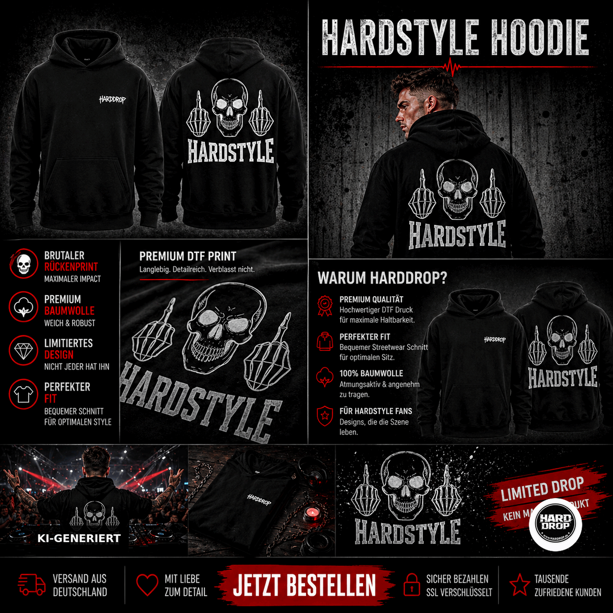 HARDDROP Hardstyle Skull Hoodie – Hardstyle Festival Streetwear Produktansicht