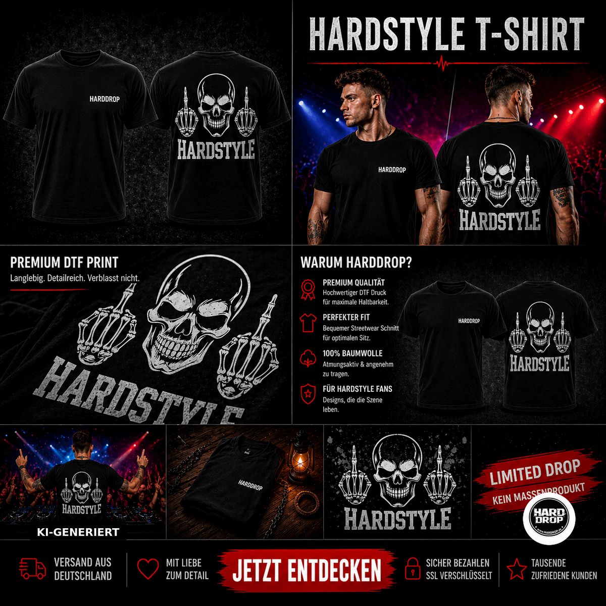 HARDDROP Hardstyle Skull T-Shirt – Hardstyle Festival Streetwear Produktansicht