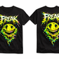 Schwarzes T-Shirt mit FREAK Acid Smiley Neon Print – Underground Streetwear für Techno, Hardstyle und Rave Festivals | Laserhandmade