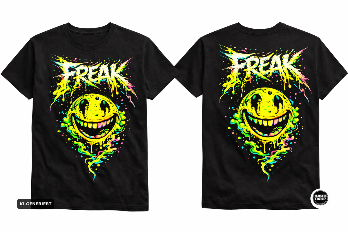 Schwarzes T-Shirt mit FREAK Acid Smiley Neon Print – Underground Streetwear für Techno, Hardstyle und Rave Festivals | Laserhandmade