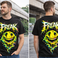 Schwarzes T-Shirt mit FREAK Acid Smiley Neon Print – Underground Streetwear für Techno, Hardstyle und Rave Festivals | Laserhandmade