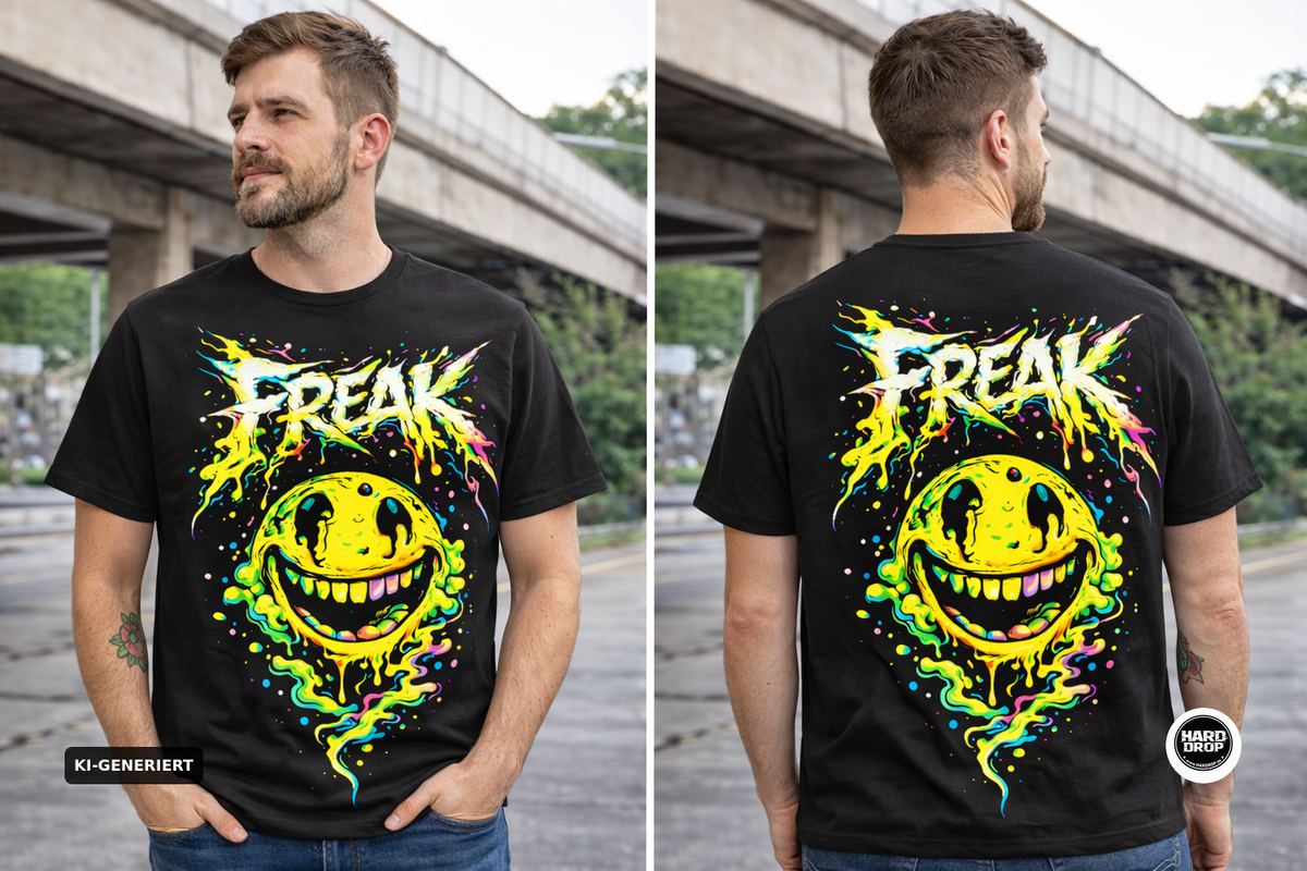 Schwarzes T-Shirt mit FREAK Acid Smiley Neon Print – Underground Streetwear für Techno, Hardstyle und Rave Festivals | Laserhandmade