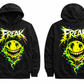 Schwarzer Hoodie mit FREAK Acid Smiley Neon Print – Underground Streetwear für Techno, Hardstyle und Rave Festivals | Laserhandmade