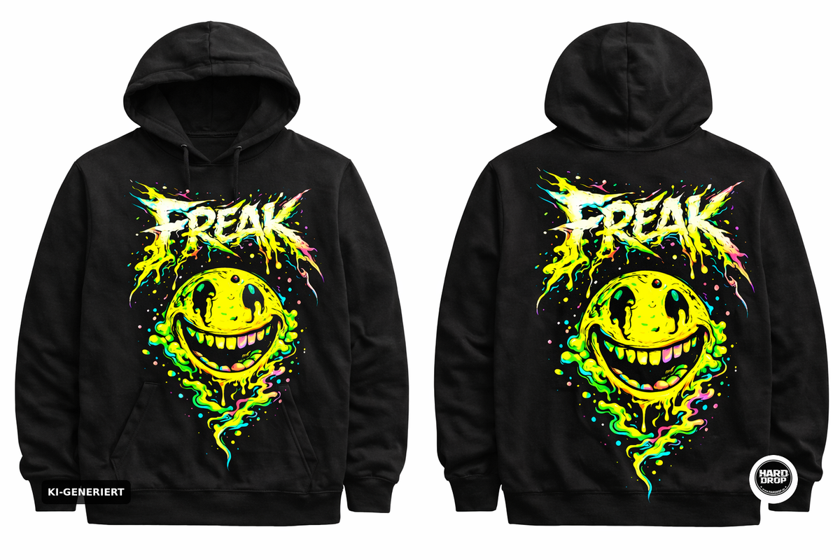Schwarzer Hoodie mit FREAK Acid Smiley Neon Print – Underground Streetwear für Techno, Hardstyle und Rave Festivals | Laserhandmade