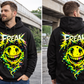 Schwarzer Hoodie mit FREAK Acid Smiley Neon Print – Underground Streetwear für Techno, Hardstyle und Rave Festivals | Laserhandmade