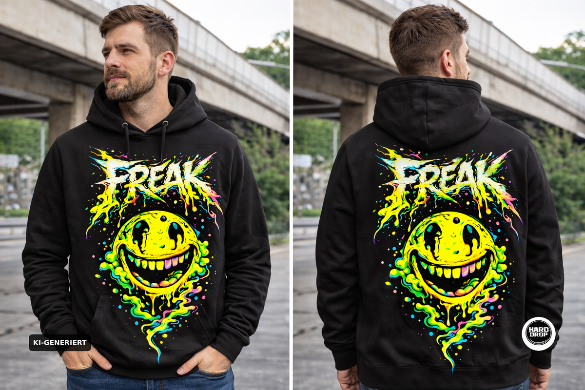 Schwarzer Hoodie mit FREAK Acid Smiley Neon Print – Underground Streetwear für Techno, Hardstyle und Rave Festivals | Laserhandmade