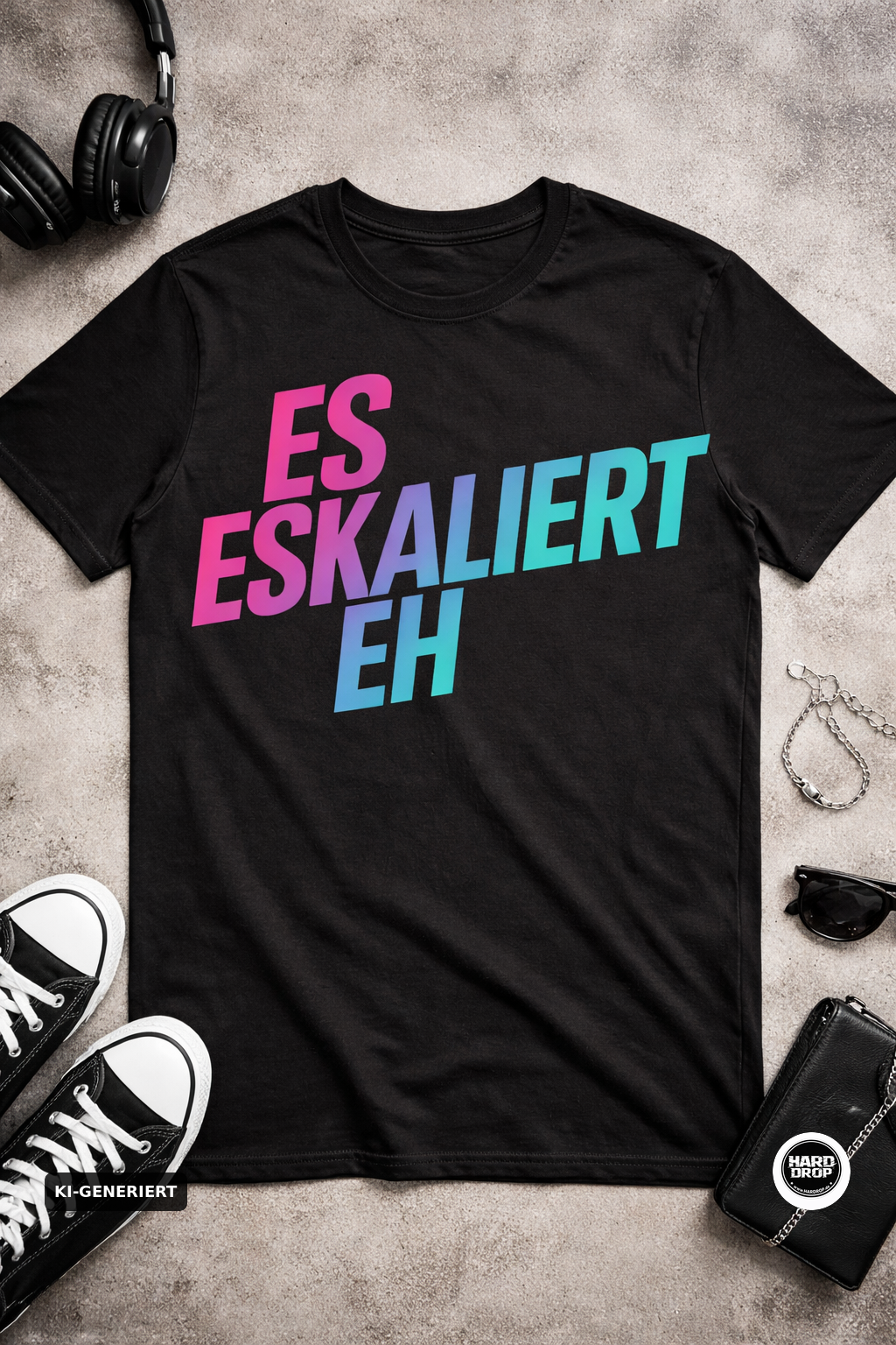 Schwarzes Statement T-Shirt "Es Eskaliert Eh" mit Neon Farbverlauf – Festival und Party Streetwear für Techno und Hardstyle | Laserhandmade