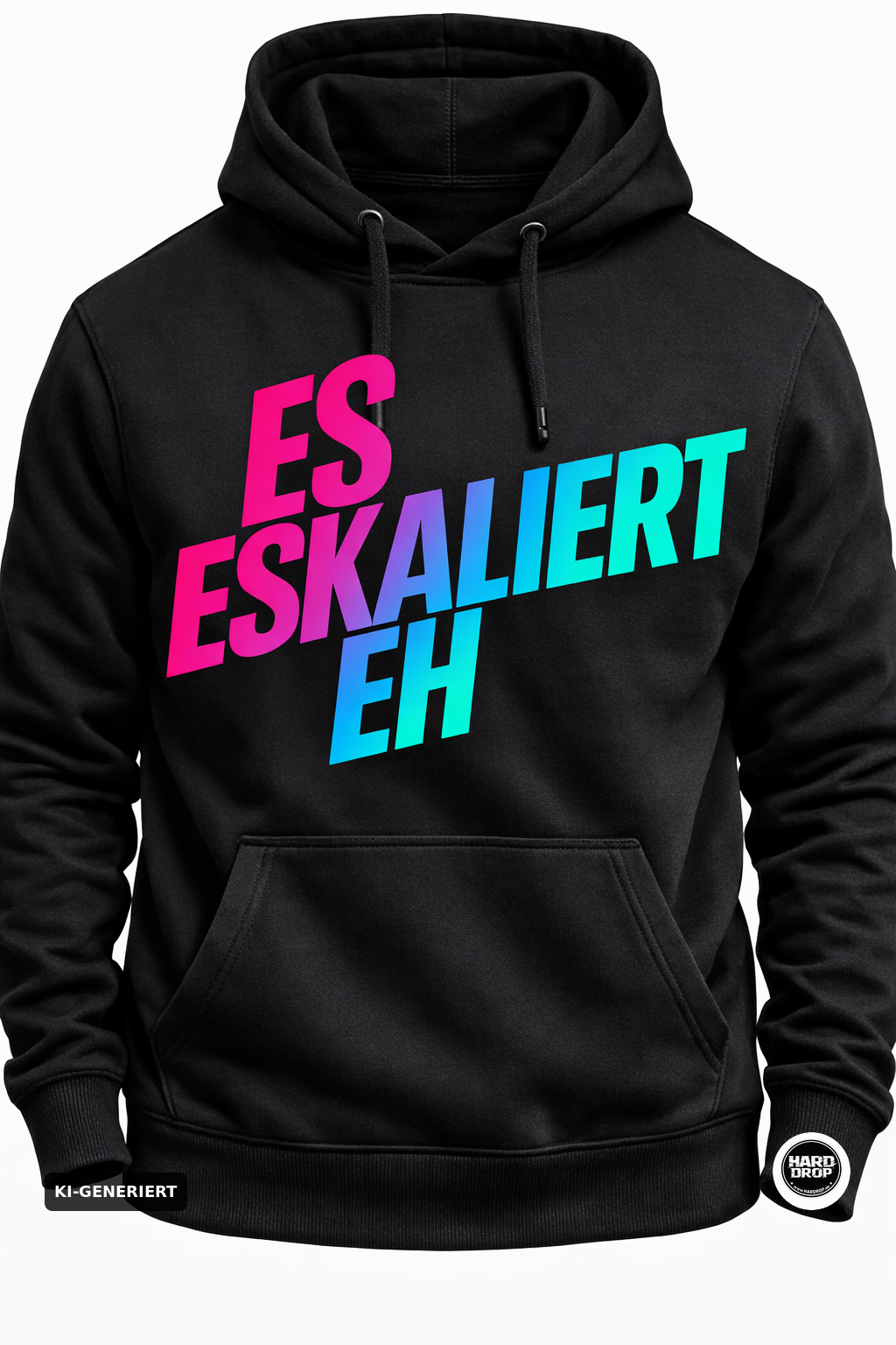 Schwarzer Statement Hoodie "Es Eskaliert Eh" mit Neon Farbverlauf – Festival und Party Streetwear für Techno und Hardstyle | Laserhandmade