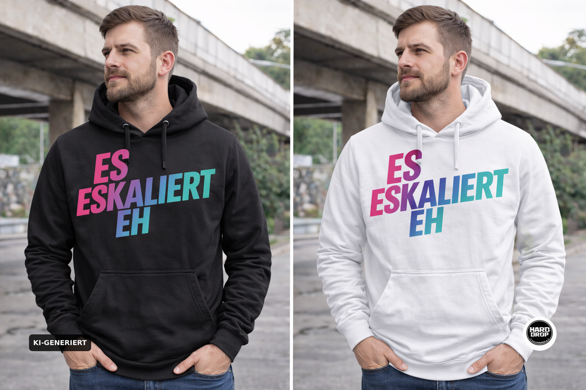 Schwarzer Statement Hoodie "Es Eskaliert Eh" mit Neon Farbverlauf – Festival und Party Streetwear für Techno und Hardstyle | Laserhandmade