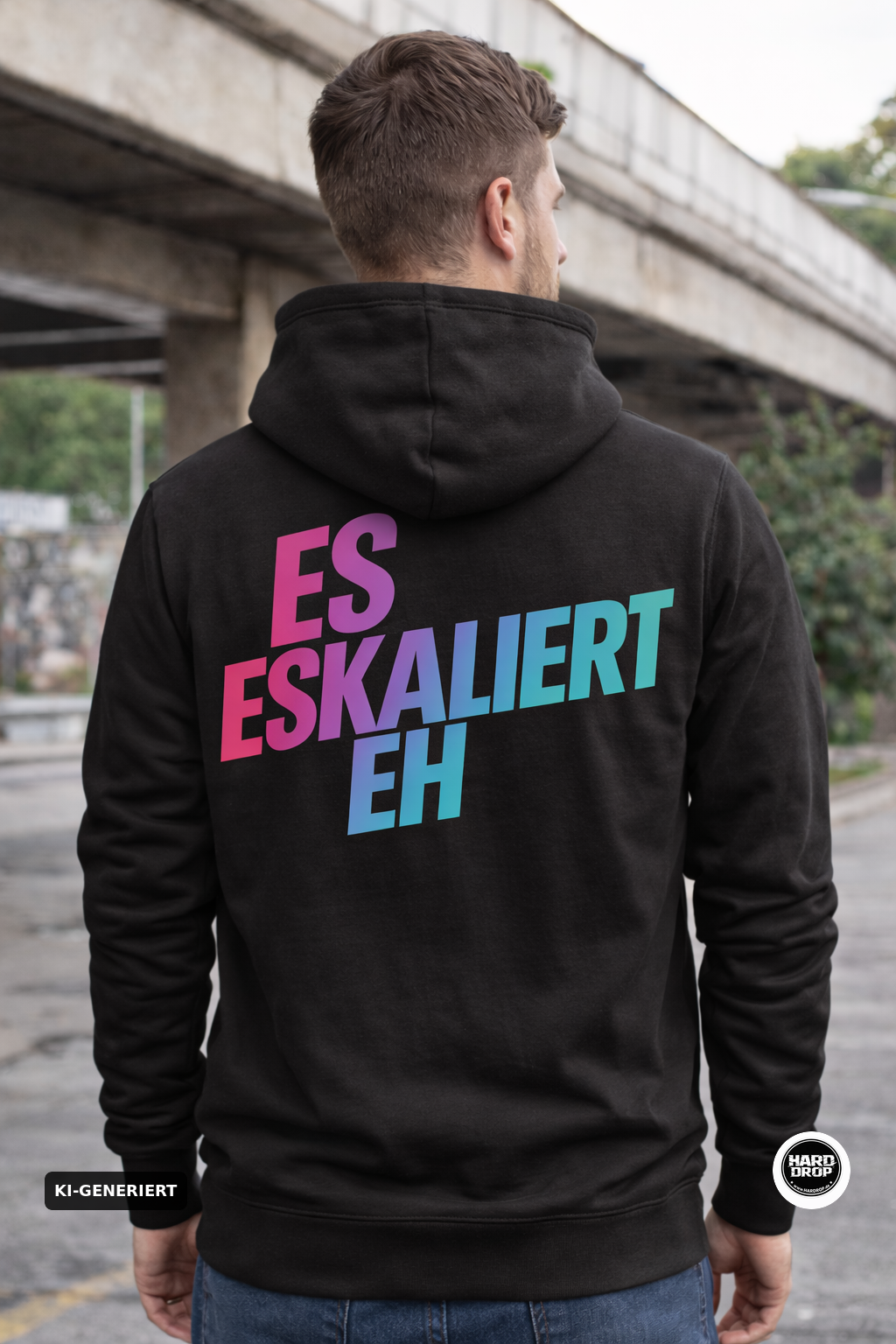 Schwarzer Statement Hoodie "Es Eskaliert Eh" mit Neon Farbverlauf – Festival und Party Streetwear für Techno und Hardstyle | Laserhandmade