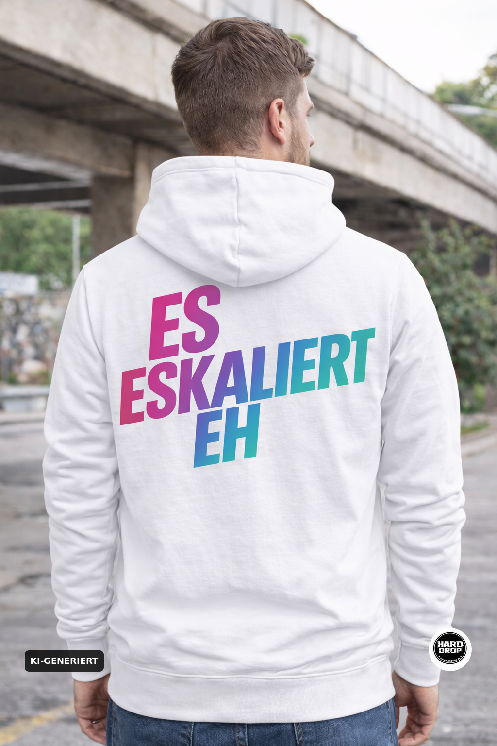 Schwarzer Statement Hoodie "Es Eskaliert Eh" mit Neon Farbverlauf – Festival und Party Streetwear für Techno und Hardstyle | Laserhandmade