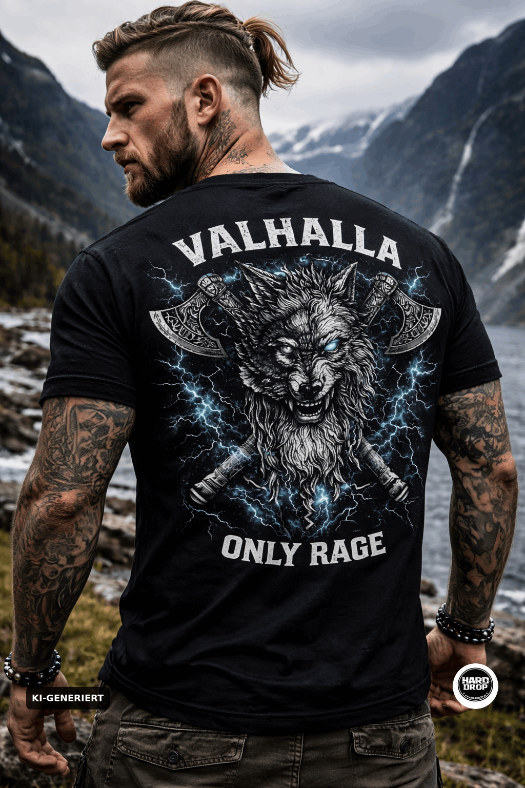 HARDDROP Valhalla Storm T-Shirt mit Viking Wolf Backprint – Valhalla Streetwear