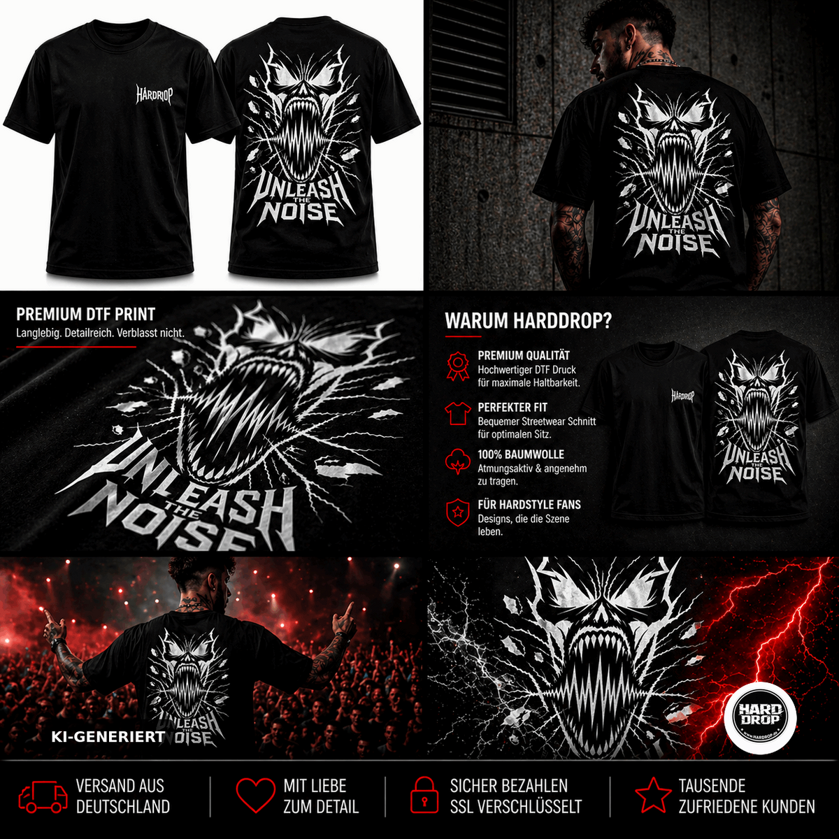 HARDDROP Unleash The Noise T-Shirt – Festival Streetwear Produktansicht