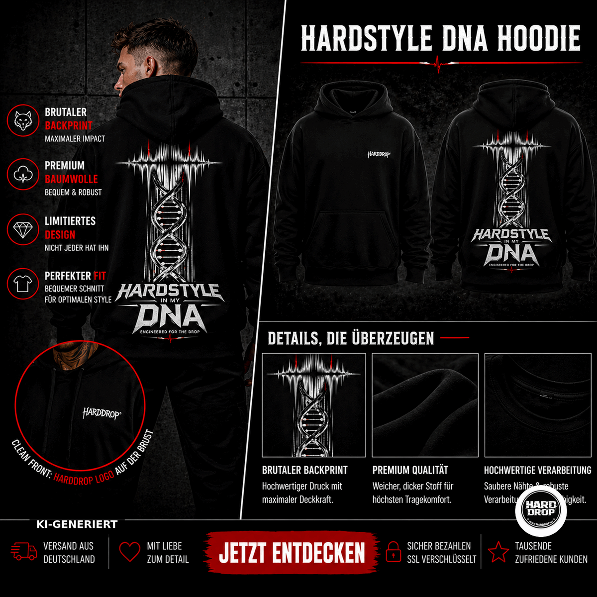 HARDDROP Hardstyle In My DNA Hoodie – Festival Streetwear Produktansicht